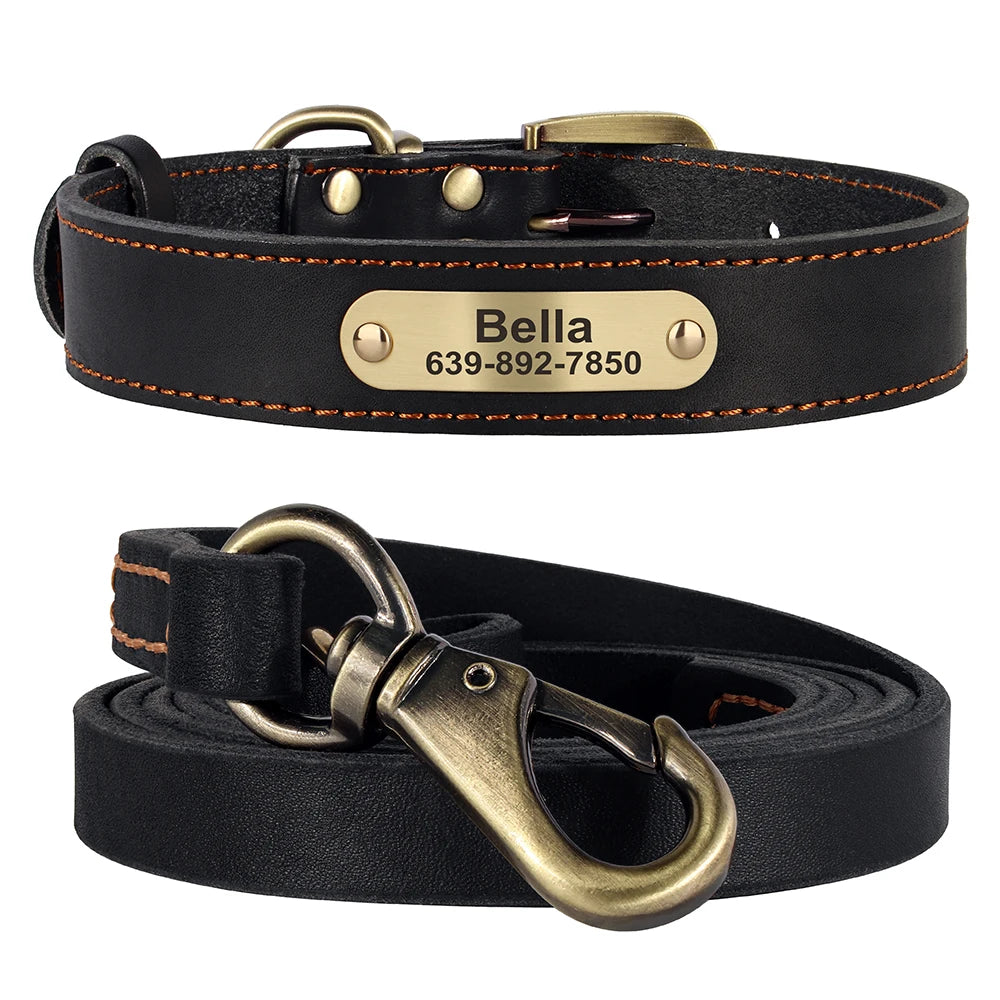 Personalized Real Leather Dog Collar & Leash Set