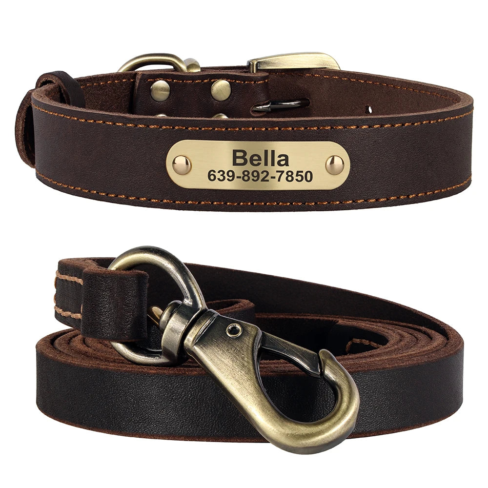 Personalized Real Leather Dog Collar & Leash Set