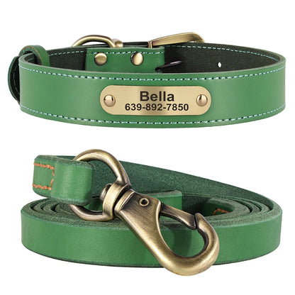 Personalized Real Leather Dog Collar & Leash Set
