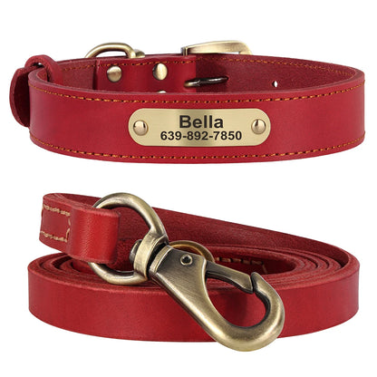 Personalized Real Leather Dog Collar & Leash Set