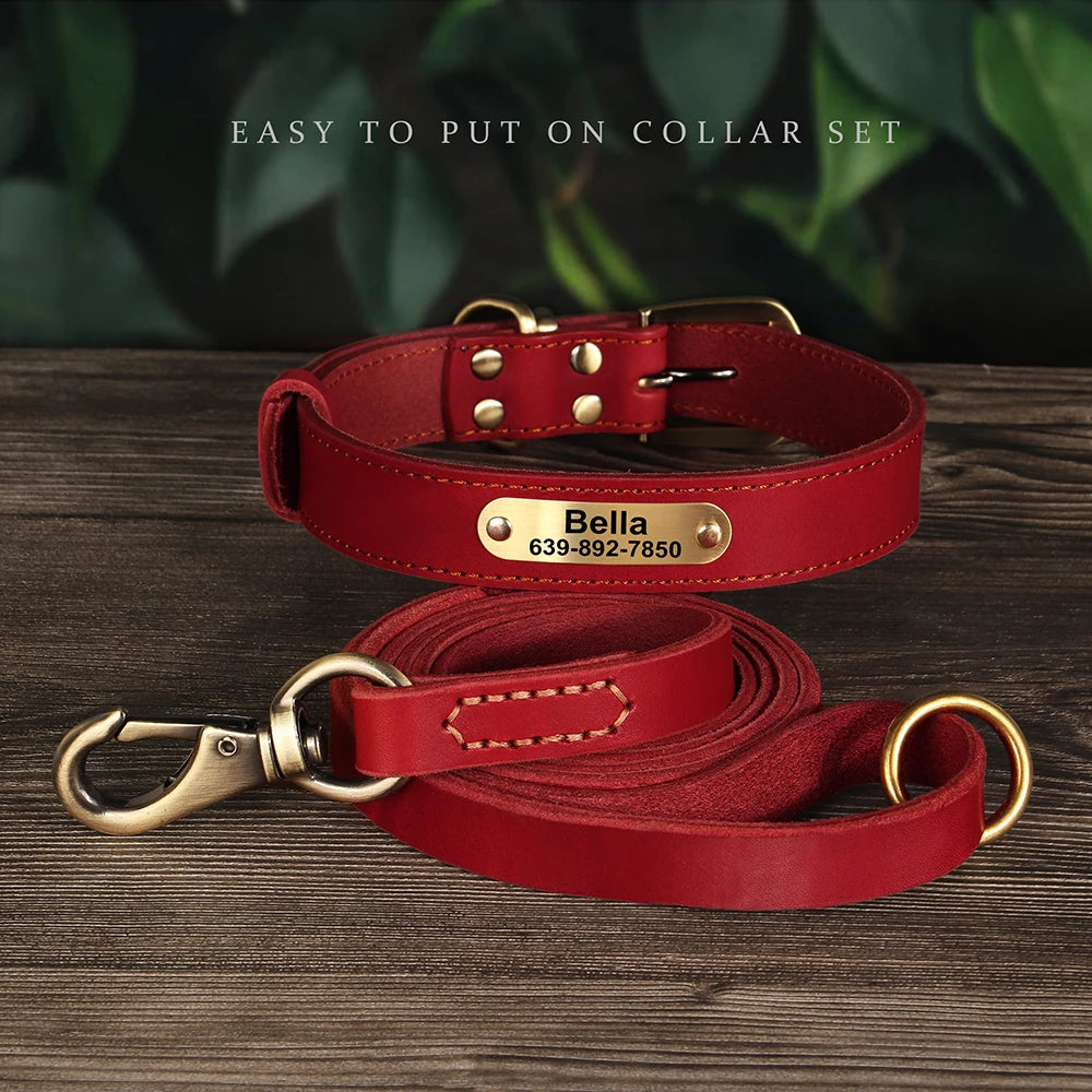 Personalized Real Leather Dog Collar & Leash Set