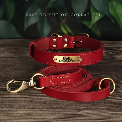 Personalized Real Leather Dog Collar & Leash Set