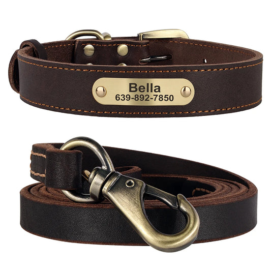 Personalized Real Leather Dog Collar & Leash Set